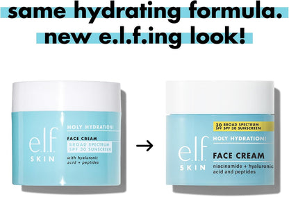 e.l.f. Holy Hydration! Face Cream, Broad Spectrum SPF 30 sunscreen, moisturizes and softens the skin, absorbs quickly and is super hydrating, 53 ml