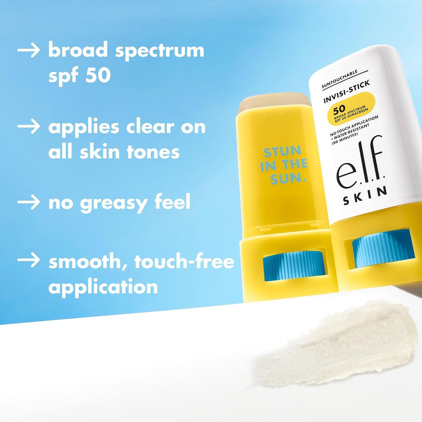 e.l.f. Suntouchable Invisi-Stick SPF 50, Face Sunscreen Stick, Waterproof, No White Haze, Non-greasy Feel, Bisabolol and Sunflower Seed Oil, Vegan and Cruelty Free