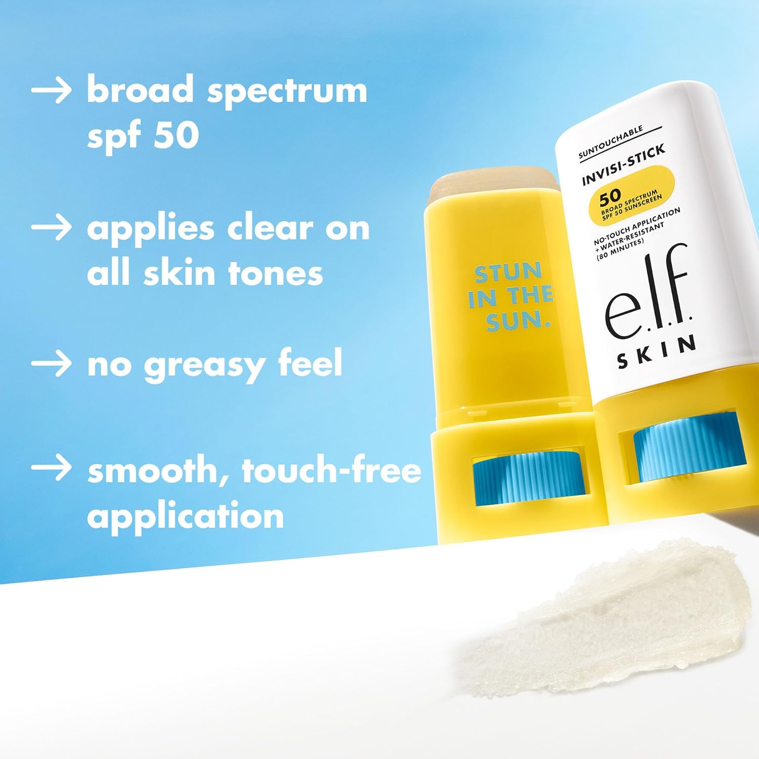 e.l.f. Suntouchable Invisi-Stick SPF 50, Face Sunscreen Stick, Waterproof, No White Haze, Non-greasy Feel, Bisabolol and Sunflower Seed Oil, Vegan and Cruelty Free