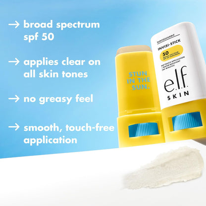 e.l.f. Suntouchable Invisi-Stick SPF 50, Face Sunscreen Stick, Waterproof, No White Haze, Non-greasy Feel, Bisabolol and Sunflower Seed Oil, Vegan and Cruelty Free