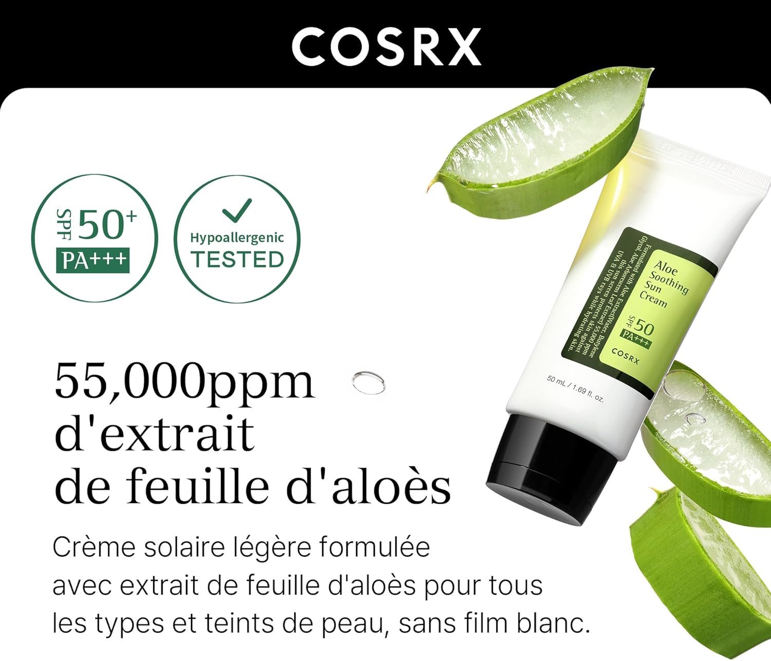 COSRX Korean Skincare Aloe Soothing Sun Cream SPF 50, Moisturising Sun Cream with Aloe Vera, for All Skin Types, Face and Body