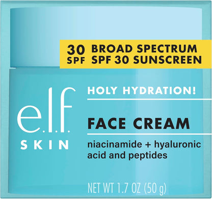 e.l.f. Holy Hydration! Face Cream, Broad Spectrum SPF 30 sunscreen, moisturizes and softens the skin, absorbs quickly and is super hydrating, 53 ml