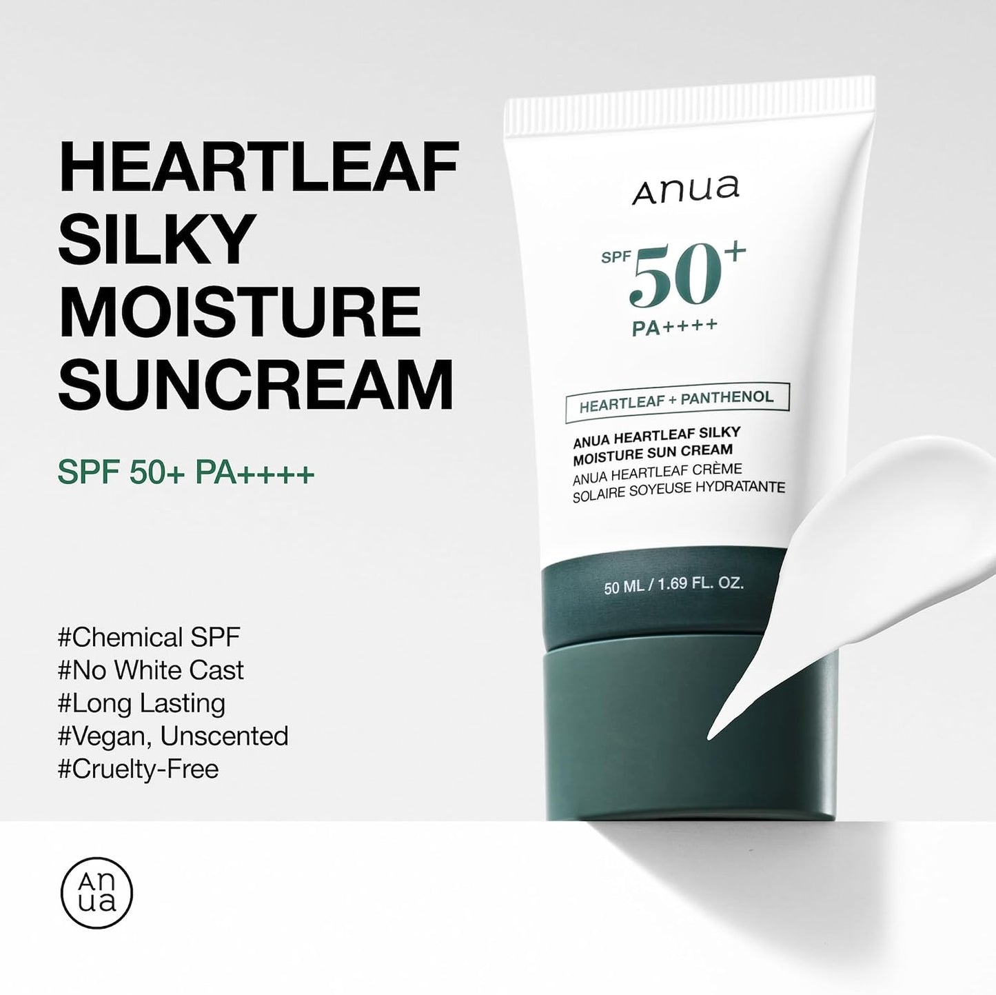 ANUA Heartleaf Silky Moisture Sun Cream Spf 50, Korean Face Sunscreen, Korean Skin Care 50ml / 1.69 Fl.Oz. White
