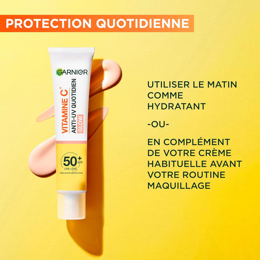 Garnier Vitamin C Daily Sunfluid, SPF 50+, Protects and Corriates Sun Damage, Compensates Skin Tone, for Face and Neck, Vegan, for All Skin Types, Daily UV Glow, 40ml