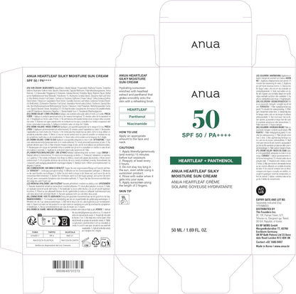 ANUA Heartleaf Silky Moisture Sun Cream Spf 50, Korean Face Sunscreen, Korean Skin Care 50ml / 1.69 Fl.Oz. White